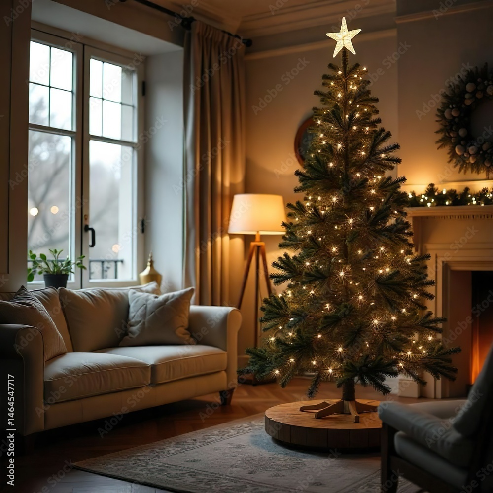 Close-up of the modern Christmas tree with simple decorations in a brightly lit living room, decorated with Christmas decorations, sunlight flowing through the window, and Scandy's design