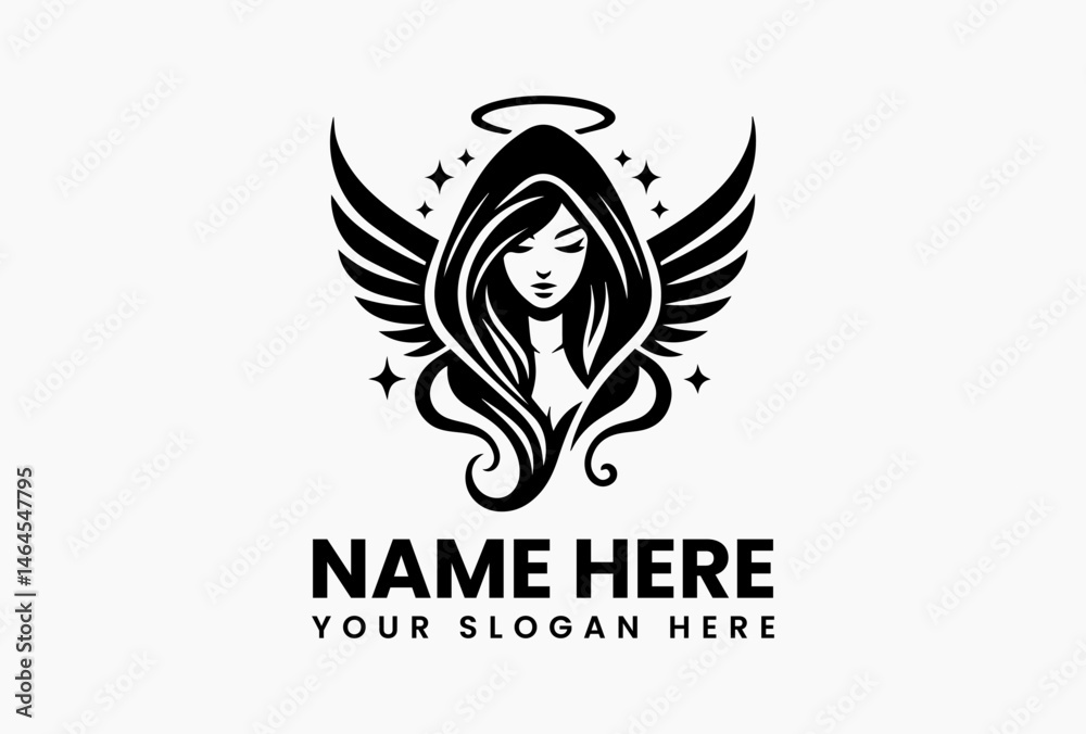Fototapeta premium Stylized Winged Woman Vector Graphic. Serene Angelic Vector Logo Design