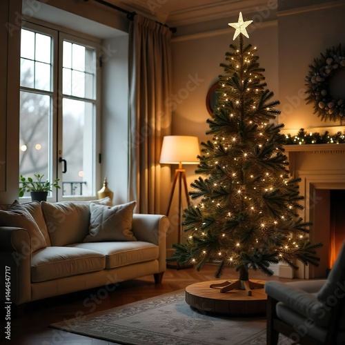 Obraz na płótnie Close-up of the modern Christmas tree with simple decorations in a brightly lit living room, decorated with Christmas decorations, sunlight flowing through the window, and Scandy's design w salonie