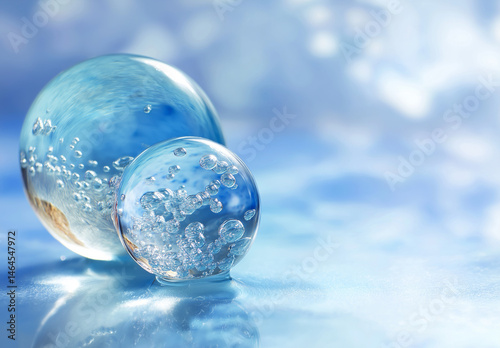 Transparent water spheres with crystal texture floating on light blue background. Cinema4D style minimal composition with clear droplets and elegant digital rendering.