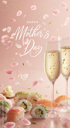 Minimalist Mother's Day celebration composition with pink roses, sushi platter and champagne glass on soft pastel background, romantic feminine theme with festive lettering.