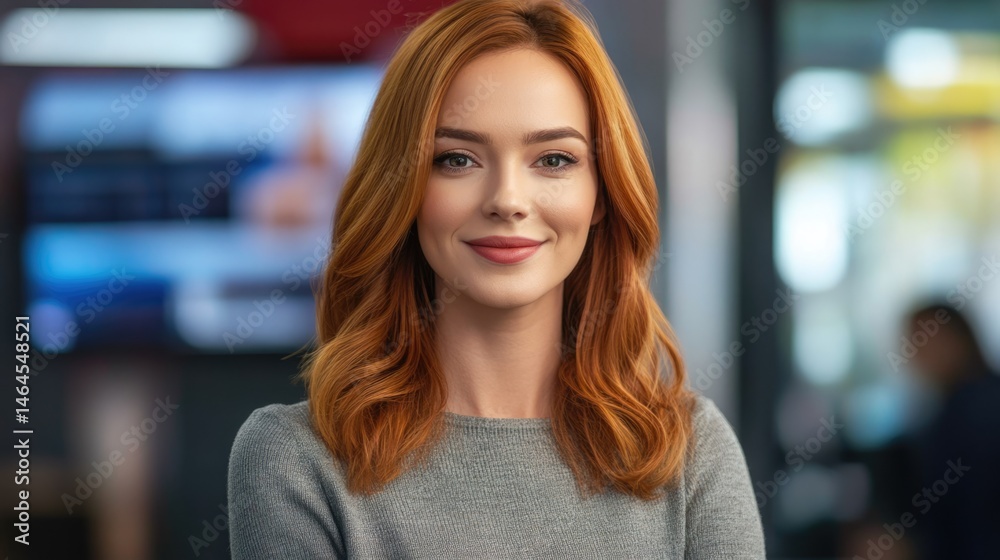 Portrait of a smiling redhead woman in a gray sweater Portrait of a smiling redhead woman in a gray sweater