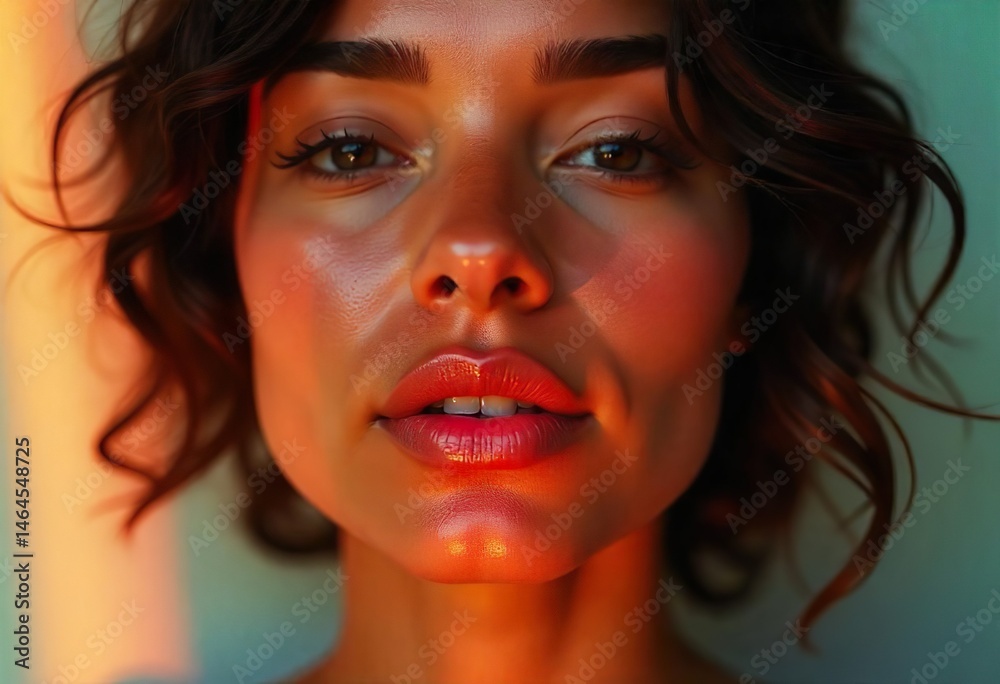 close-up of a woman’s glossy lips and soft jawline,glowing dewy skin,natural makeup, golden hour light reflecting off skin,soft shadows,blurred pastel background,feminine and ethereal beauty