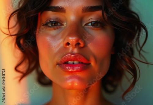 close-up of a woman’s glossy lips and soft jawline,glowing dewy skin,natural makeup, golden hour light reflecting off skin,soft shadows,blurred pastel background,feminine and ethereal beauty