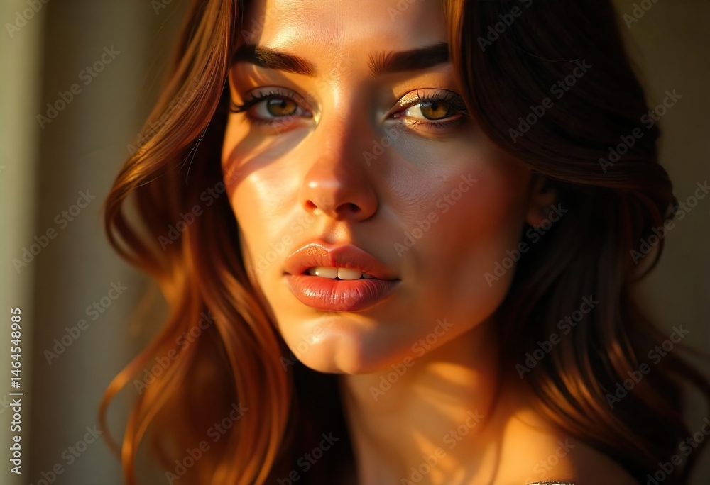 close-up of a russian woman’s glossy lips and soft jawline,glowing dewy skin,natural makeup, golden hour light reflecting off skin,soft shadows,blurred pastel background