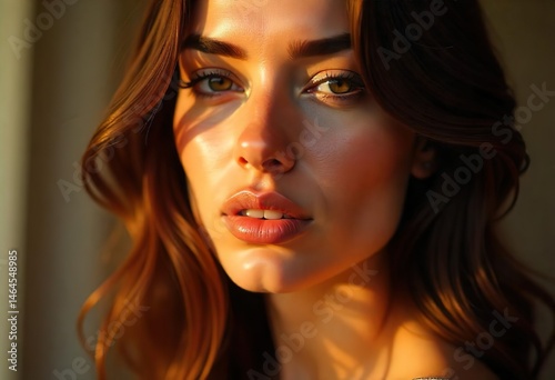 Obraz na płótnie close-up of a russian woman’s glossy lips and soft jawline,glowing dewy skin,natural makeup, golden hour light reflecting off skin,soft shadows,blurred pastel background w salonie