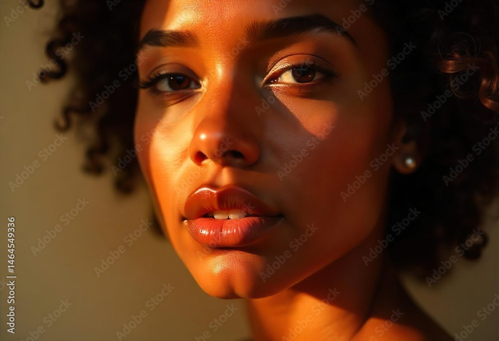 close-up of african woman’s glossy lips and soft jawline,glowing dewy skin,natural makeup, golden hour light reflecting off skin,soft shadows,blurred pastel background,feminine and ethereal beauty