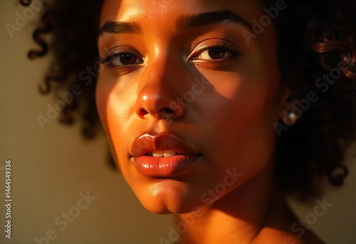 Obraz na płótnie close-up of african woman’s glossy lips and soft jawline,glowing dewy skin,natural makeup, golden hour light reflecting off skin,soft shadows,blurred pastel background,feminine and ethereal beauty w salonie