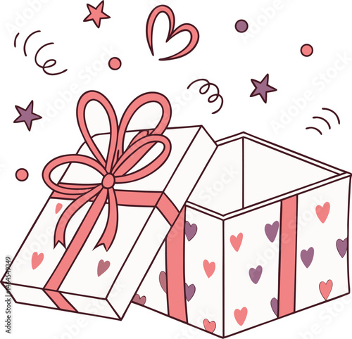The image features a minimalist vector illustration of an open gift box with a red ribbon, surrounded by hearts, stars, and confetti, symbolizing celebration, joy, and festive surprise in a cheerful d