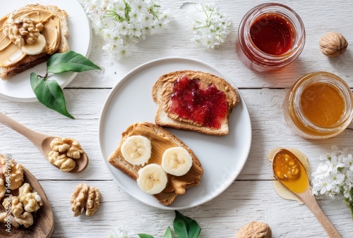 Wallpaper Mural Delicious Breakfast Spread with Peanut Butter, Banana, Jam, Honey, Nuts, and Fresh Flowers on Wooden Table Torontodigital.ca