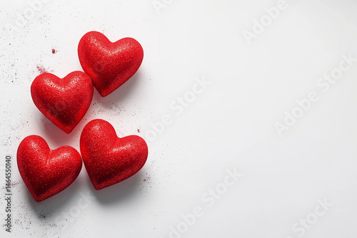 Romantic red paper hearts scattered on clean white background with copy space. Perfect minimalist backdrop for Valentine's Day, Mother's Day, or Christmas love and celebration themes