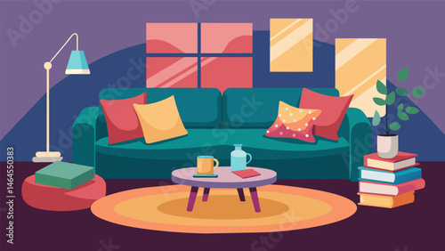 A cozy living room adorned with colorful pillows and throw blankets the perfect setting for a book club meeting filled with sctious mezze platters.. Vector illustration