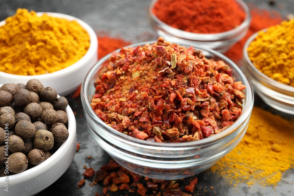 Different aromatic spices in bowls on dark table, closeup Different aromatic spices in bowls on dark table, closeup
