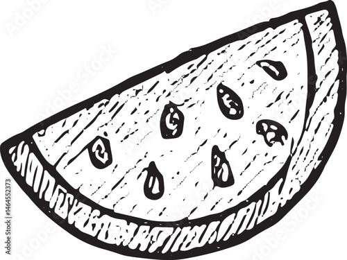 A hand-drawn black-and-white illustration of a watermelon slice. Ideal for summer designs, beach picnic graphics, or tropical food art