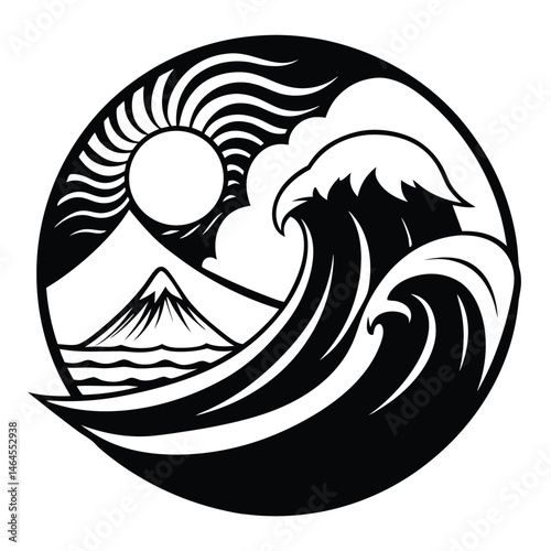 Black and white features a wave, sun, mountain in a circular scene