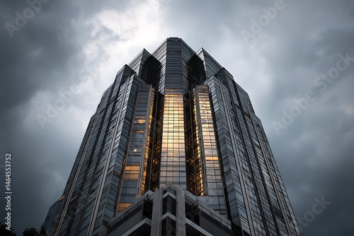 Low angle view of a modern skyscraper with glass facade against a dramatic cloudy sky at dusk or dawn