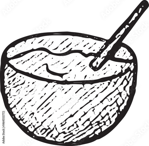 A hand-drawn black-and-white illustration of a coconut drink with a straw. Perfect for summer designs, tropical decor, or beach vacation graphics