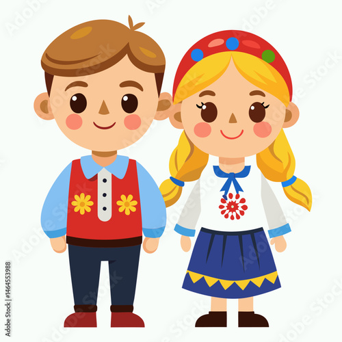 Adorable Cartoon Children in Traditional Folk Costumes