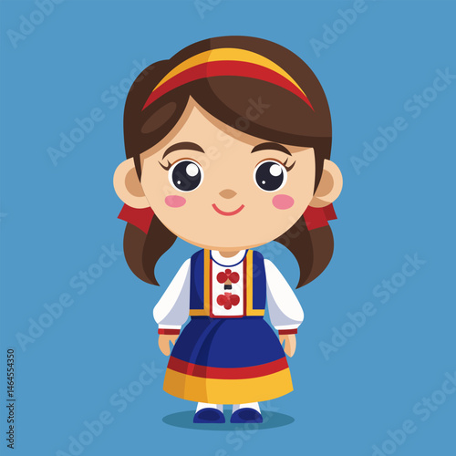Adorable Cartoon Romanian Girl in Traditional Costume