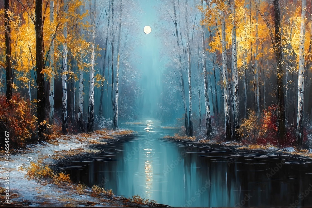 Obraz premium Serene landscape with trees and a moonlit river scene.