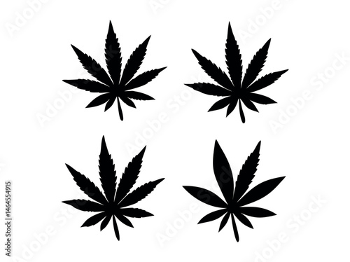 Bundle Isolated Cannabis Leaf Silhouettes Against a White Background, features four distinct, detailed silhouettes of cannabis leaves against a plain white background. marijuana, cannabis, marijuana, 
