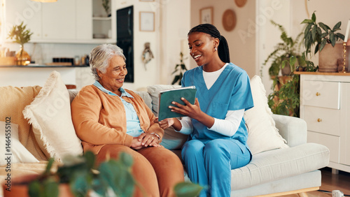 Tablet, discussion and elderly woman with nurse for medical test results on sofa in home. Digital tech, conversation and caregiver explain with senior patient, diagnosis and assisted living at house photo