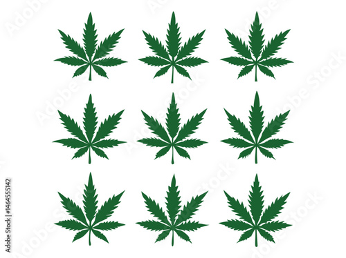 Green cannabis leaf silhouettes arranged in a grid pattern.  graphic design featuring a grid of twelve identical, solid green cannabis leaf silhouettes against a pure white background. cannabis, marij