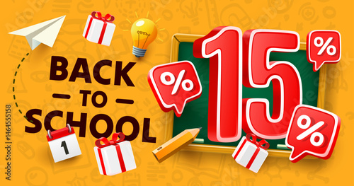 Back to School special offer, Sale 15 percent. Vector illustration 