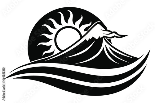 Monochrome depiction features a stylized mountain and sun rising above dynamic wave forms