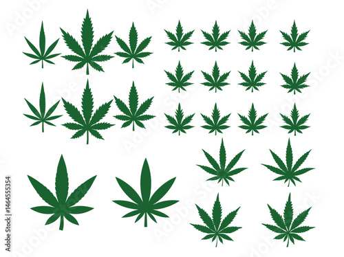 Green cannabis leaf silhouettes arranged in a grid pattern.  graphic design featuring a grid of twelve identical, solid green cannabis leaf silhouettes against a pure white background. cannabis, marij