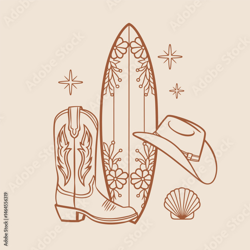 Western Beach Line Art with Surfboard Hat and Boot Illustration