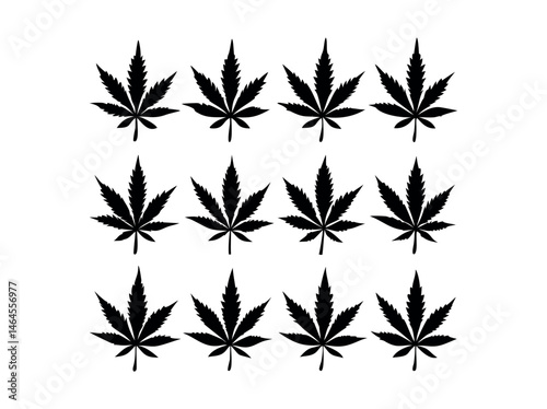 Set of Dark Green black Cannabis Leaves Icons marijuana, cannabis, marijuana, leaf, leaves, green, dark green, black, silhouette, icon, icons, set, graphic, design, Black Silhouette Cannabis Leaves.
