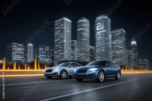 Two modern cars in dynamic motion with stunning city skyline at night showcasing innovation and speed illuminated by bright lights captured with clarity
