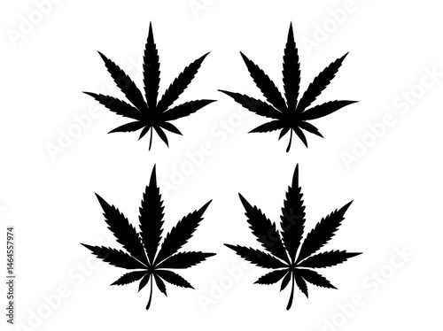 Bundle Isolated Cannabis Leaf Silhouettes Against a White Background, features four distinct, detailed silhouettes of cannabis leaves against a plain white background. marijuana, cannabis, marijuana, 