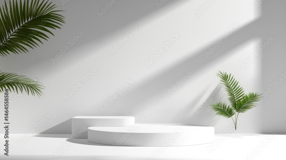 Minimalist white product display with tropical leaves and sunlight Minimalist white product display with tropical leaves and sunlight