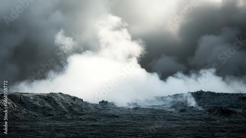 A desolate volcanic landscape covered in thick fog and smoke, with a dark and moody atmosphere. The scene evokes feelings of mystery, danger, and dystopian isolation.