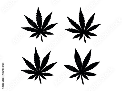 Bundle Isolated Cannabis Leaf Silhouettes Against a White Background, features four distinct, detailed silhouettes of cannabis leaves against a plain white background. marijuana, cannabis, marijuana, 