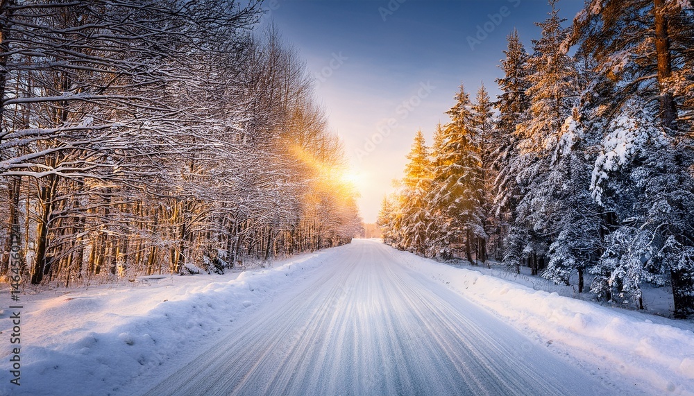 winter road covered with snow with beautiful lighting winter road covered with snow with beautiful lighting