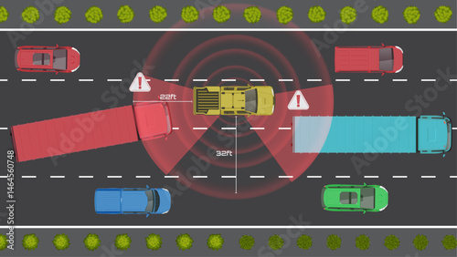 top view flat of car vehicle with car blind motion sensor braking emergency accident and road