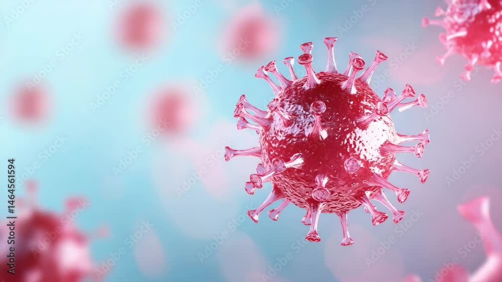 A close-up 3D illustration of a red virus particle with spike proteins floating in a blue and pink background. A close-up 3D illustration of a red virus particle with spike proteins floating in a blue and pink background.