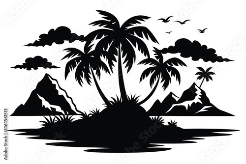 Black palm trees silhouette against the island with mountains and flying birds look scenic