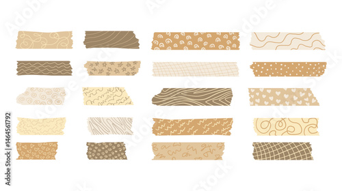 Brown Plaid Washi Tape Set Retro Scrapbook Neutral Beige Stripes, Hand Drawn Simple Doodle Patterned Scribbles, Hearts and Stars, Wave Whimsical Groovy Vector Isolated Design Elements