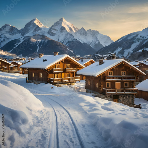 Snowy Alpine Village at Sunrise, Winter Cabin Retreat in the Mountains, Peaceful Snowy Landscape with Chalets, Majestic Sunrise Over Mountain Village, Scenic Winter Escape in the Alps.