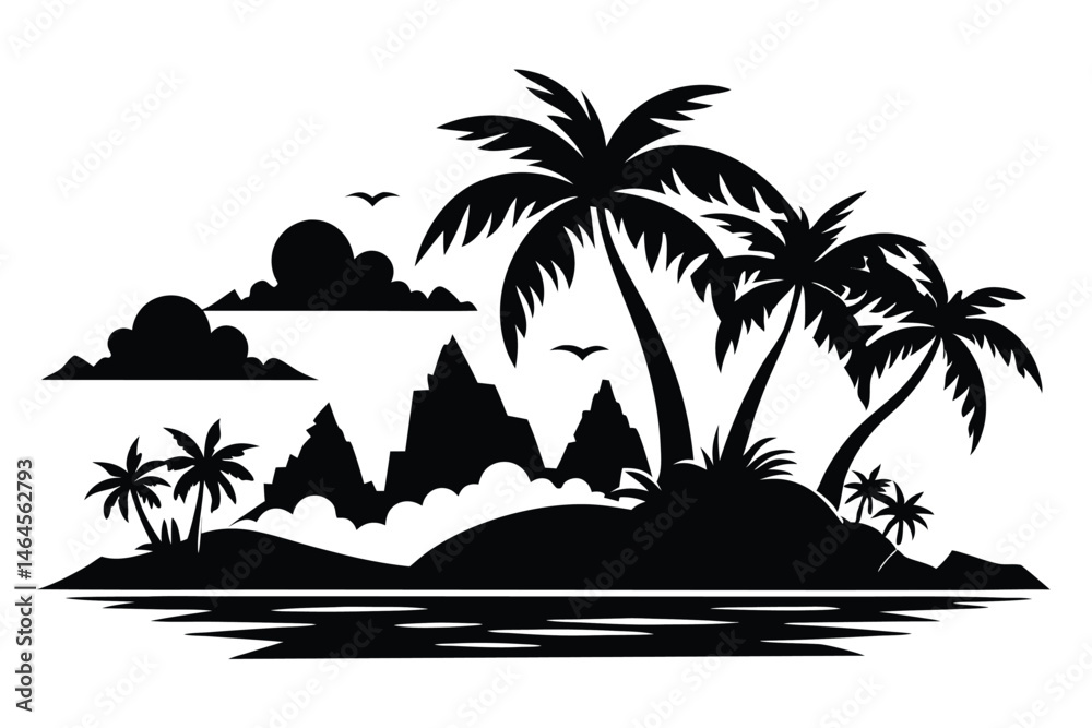 Fototapeta premium Silhouetted island features swaying palms, mountains, reflective water, and flying birds in black
