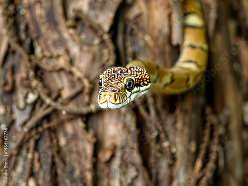 A snake is looking up at the camera. The snake is brown and black