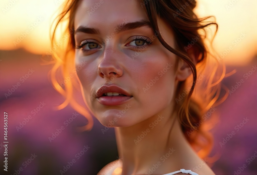 close-up of a woman’s glossy lips and soft jawline,glowing dewy skin,natural makeup, golden hour light reflecting off skin,soft shadows,blurred pastel background,feminine and ethereal beauty