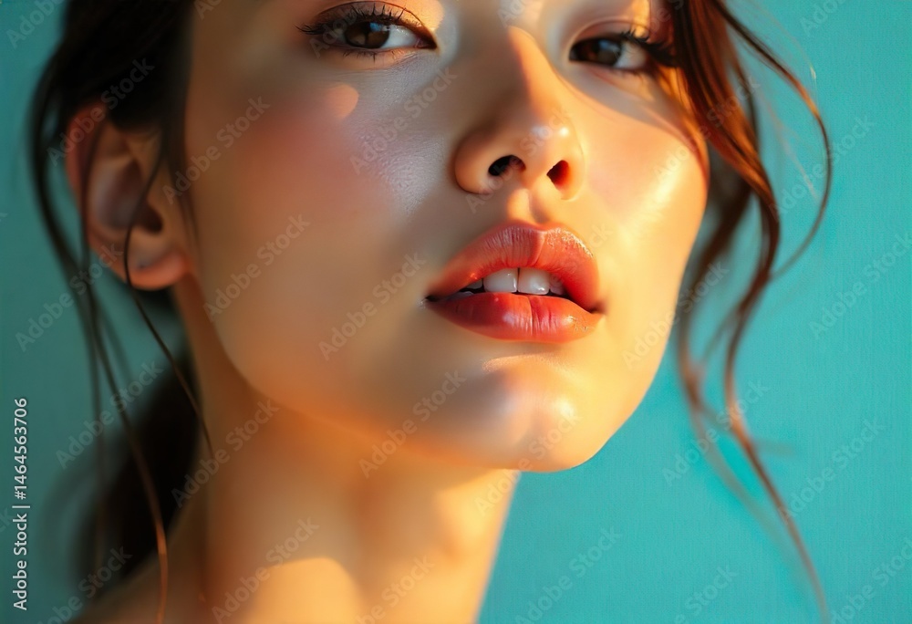 close-up of a asian woman’s glossy lips and soft jawline,glowing dewy skin,natural makeup, golden hour light reflecting off skin,soft shadows,blurred pastel background