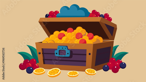 A pirates treasure chest filled with goldfish crackers juicy blackberries and raspberries and chocolate coins.. Vector illustration