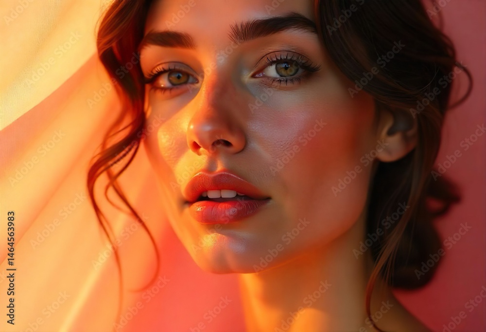 close-up of a woman’s glossy lips and soft jawline,glowing dewy skin,natural makeup, golden hour light reflecting off skin,soft shadows,blurred pastel background,feminine and ethereal beauty