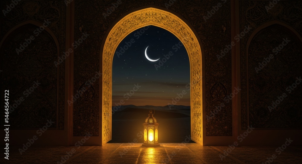Fototapeta premium AI image Ornate archway revealing desert, crescent moon, stars, and glowing lantern, evoking Ramadan's serene and spiritual atmosphere.